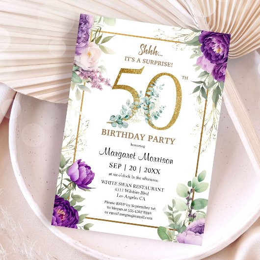 Invitation 50e Anniversaire Soirée Elegant Gold Purple Peony
