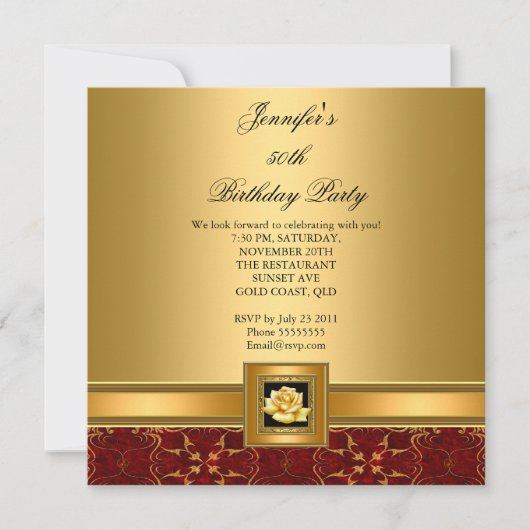 Invitation 50e Anniversaire Soirée Elégante Rouge Or Noir (Devant)