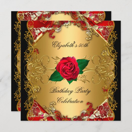 Invitation 50e Anniversaire Soirée Gold Black Red Roses (Devant / Derrière)