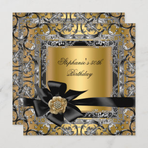Invitation 50e Anniversaire Soirée Gold Bow Noir Argent