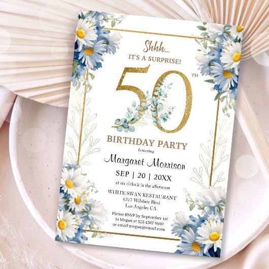 Invitation 50e Anniversaire Soirée Gold Elegant Daisy Floral