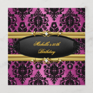 Invitation 50e Anniversaire Soirée Pink Gold Damask Black Dia