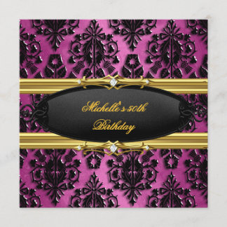 Invitation 50e Anniversaire Soirée Pink Gold Damask Black Dia