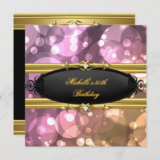 Invitation 50e Anniversaire Soirée Rose Or Black Diamond (Devant / Derrière)