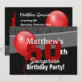 Invitation 50e Anniversaire Surprise Balloon rouge noir Y327 (Devant / Derrière)