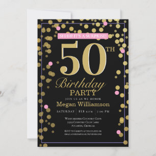 Invitation 50e Anniversaire surprise confettis or noir rose