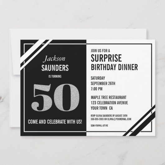 Invitation 50e Anniversaire Surprise Dîner noir blanc moderne (Devant)