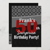 Invitation 50e Anniversaire Surprise Fête Argent Noir et Roug (Devant / Derrière)