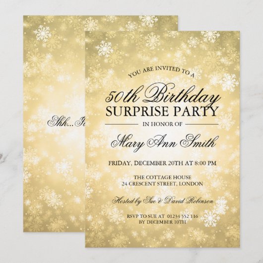 Invitation 50e Anniversaire Surprise Gold Winter Wonderland (Devant / Derrière)