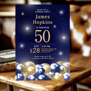 Invitation 50e anniversaire Surprise Marine Blue Gold Ballons