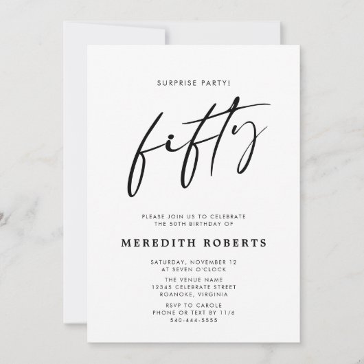 Invitation 50e anniversaire Surprise Party Chic Modern Script (Devant)