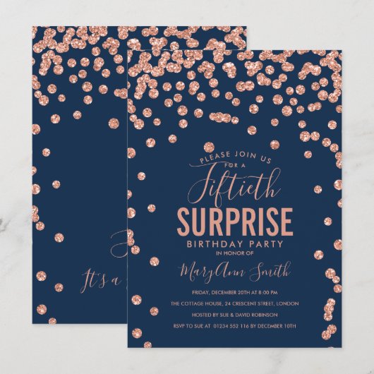 Invitation 50e Anniversaire Surprise Rose Gold Navy Bleu (Devant / Derrière)