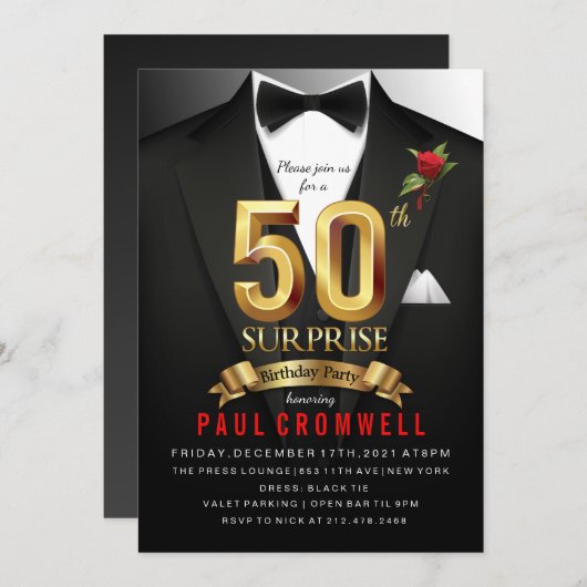Invitation 50e anniversaire surprise Tuxedo (Devant / Derrière)