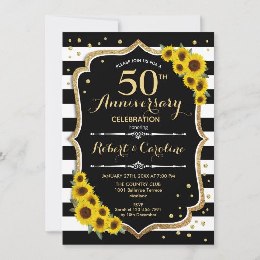 Invitation 50e Anniversaire - Tournesols Rayures Noir Blanc (Devant)