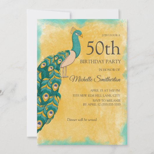 Invitation 50e anniversaire Turquoise Aquarelle jaune Peacock (Devant)