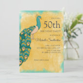 Invitation 50e anniversaire Turquoise Aquarelle jaune Peacock (Debout devant)