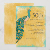 Invitation 50e anniversaire Turquoise Aquarelle jaune Peacock (Devant / Derrière)