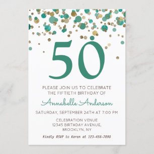 Invitation 50e anniversaire Turquoise Parties scintillant or 