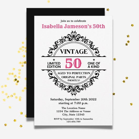 Invitation 50e anniversaire Vintage noir et rose