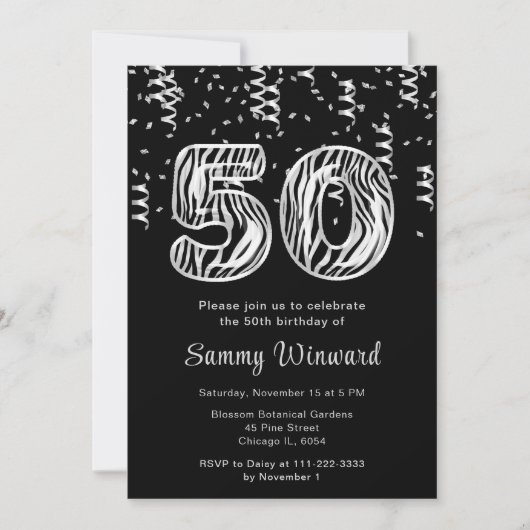 Invitation 50e anniversaire Zebra Imprimer Ballons avec Confe (Devant)