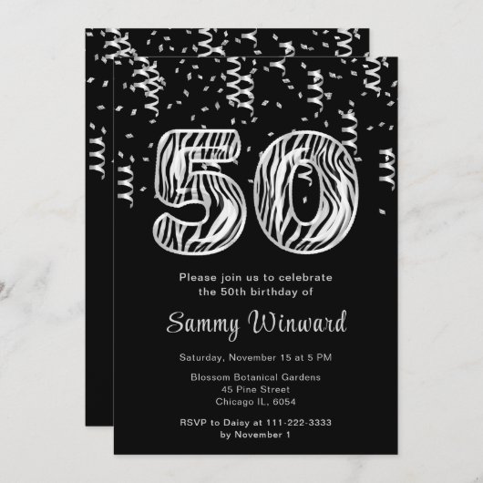 Invitation 50e anniversaire Zebra Imprimer Ballons avec Confe (Devant / Derrière)