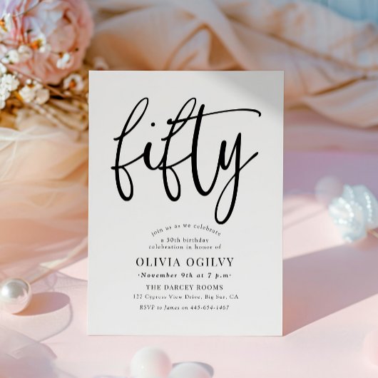 Invitation 50e B&W Anniversaire de fête Typographie de script