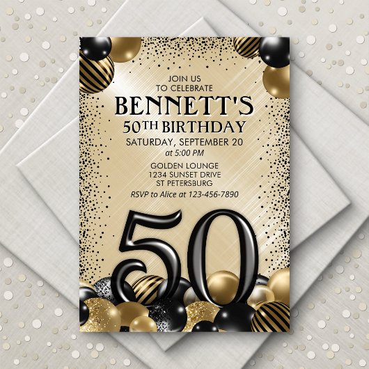 Invitation 50e Ballons Black Gold Anniversaire