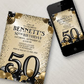 Invitation 50e Ballons Black Gold Anniversaire