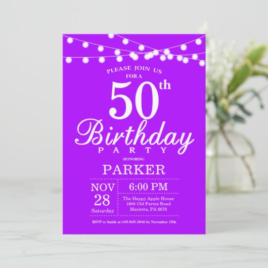 Invitation 50e Birthday Invite Purple Lavender (Debout devant)