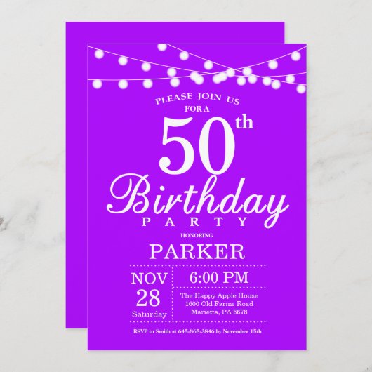 Invitation 50e Birthday Invite Purple Lavender (Devant / Derrière)