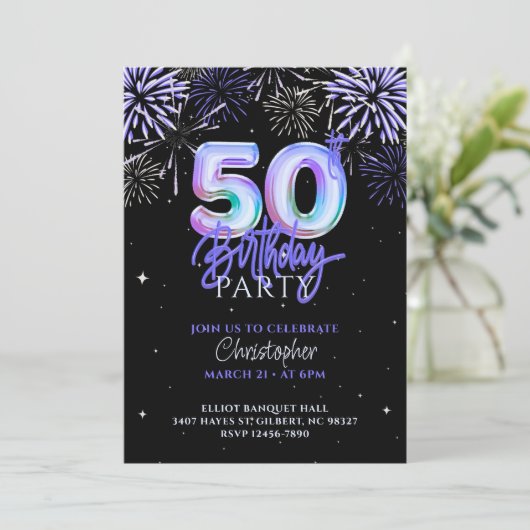 Invitation 50e Bleu Violet Feu d'artifice Foil Balloon Annive (Debout devant)