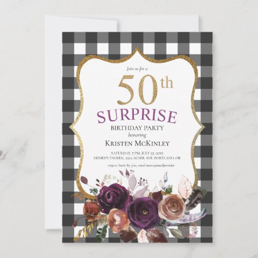 Invitation 50e Buffalo Plaid Purple Floral Parties scintillan (Devant)