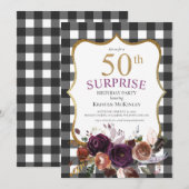 Invitation 50e Buffalo Plaid Purple Floral Parties scintillan (Devant / Derrière)