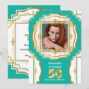 Invitation 50e cadre photo blanc turquoise or élégant cinquan