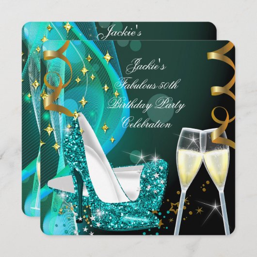 Invitation 50e Fabuleuse Parties scintillant Turquoise hauts  (Devant / Derrière)