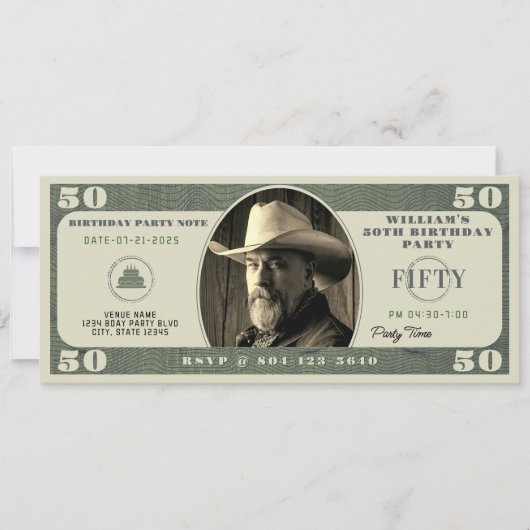 Invitation 50e fête d'anniversaire 50 dollars Bill (Devant)