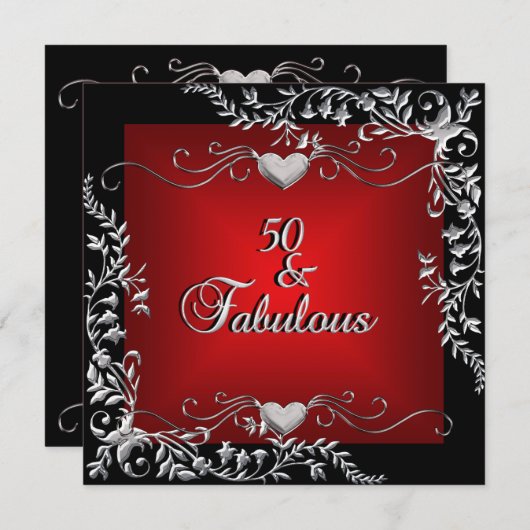 Invitation 50e fête d'anniversaire Black Bright Deep Red Big (Devant / Derrière)