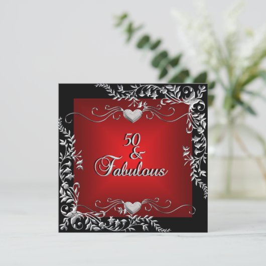 Invitation 50e fête d'anniversaire Black Bright Deep Red Big (Debout devant)