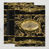 Invitation 50e fête d'anniversaire Black Gold Damask Floral (Devant / Derrière)