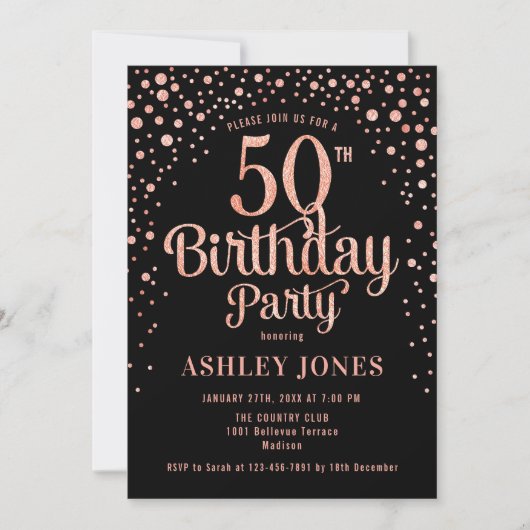 Invitation 50e fête d'anniversaire - Black & Rose Gold (Devant)