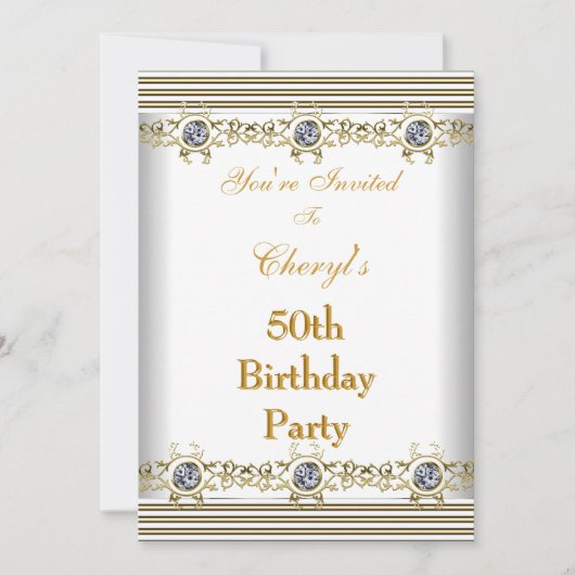 Invitation 50e fête d'anniversaire Blanc Argent Or (Devant)