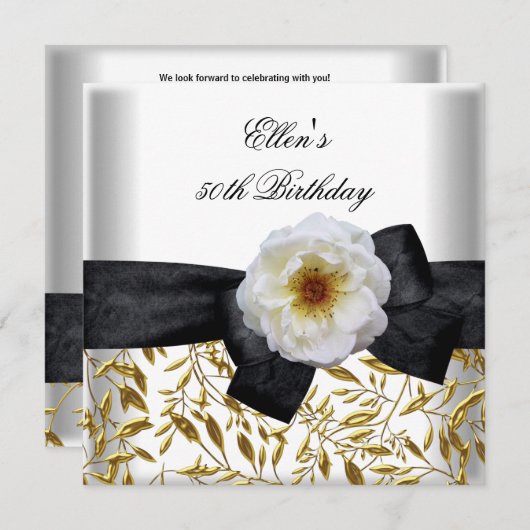 Invitation 50e fête d'anniversaire Blanc Fleur d'or noir Bow (Devant / Derrière)