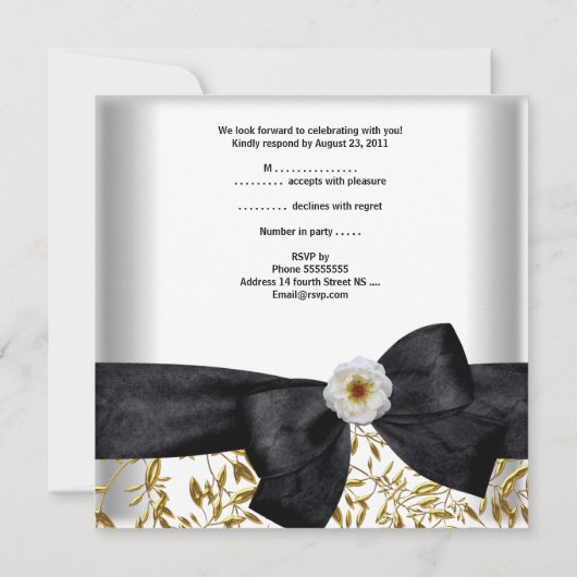 Invitation 50e fête d'anniversaire Blanc Fleur d'or noir Bow (Dos)