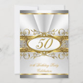 Invitation 50e fête d'anniversaire Blanc or floral argent (Devant)