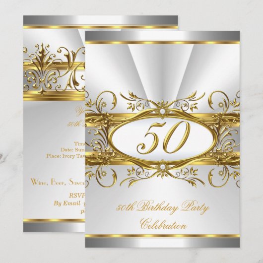 Invitation 50e fête d'anniversaire Blanc or floral argent (Devant / Derrière)