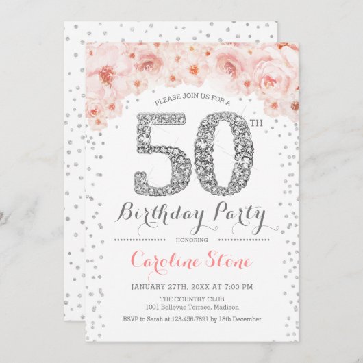Invitation 50e fête d'anniversaire - Blanc Silver rose (Devant / Derrière)
