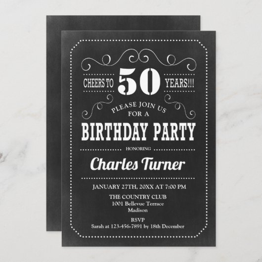 Invitation 50e fête d'anniversaire - Chalkboard noir blanc (Devant / Derrière)
