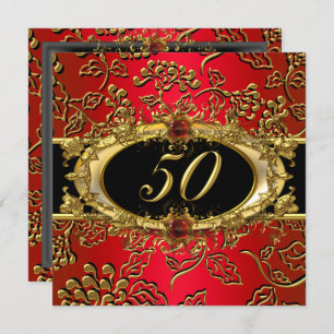 Invitation 50e fête d'anniversaire Damask Rouge Or Noir