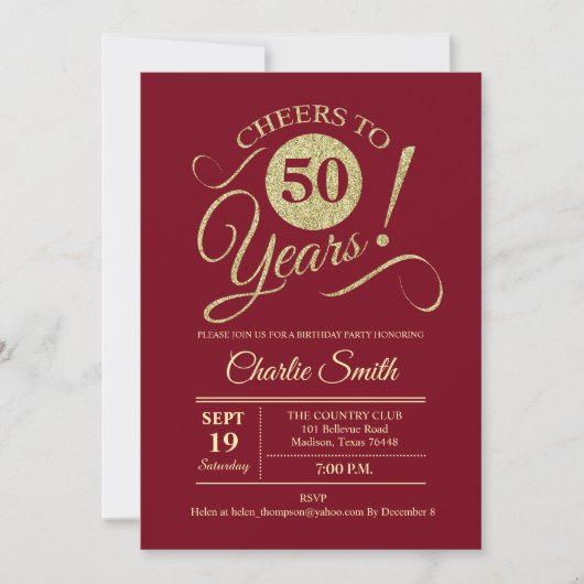 Invitation 50e fête d'anniversaire - Dark Red Gold (Devant)
