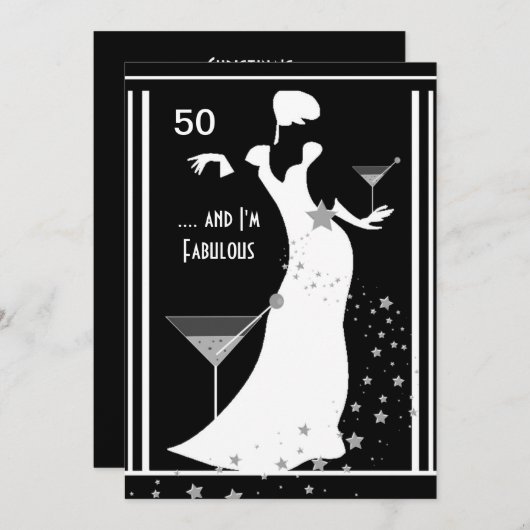 Invitation 50e fête d'anniversaire Diva Art déco noir blanc (Devant / Derrière)